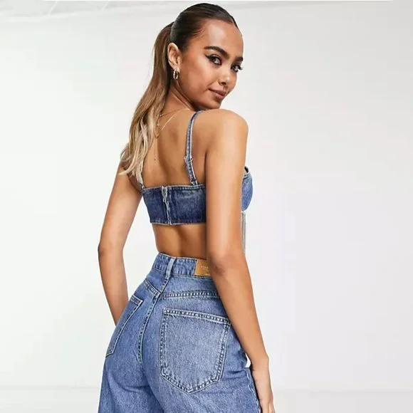 Miss Selfridge diamante fringe bralet in dark wash blue Cowboy Carter - Picture 4 of 8